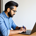A professional photographer, appearing as a male, dressed in a modest, contemporary business-casual outfit, actively engaged in an online photography workshop on a laptop. The setting is a bright, minimalist home office with natural light illuminating the scene. A notebook and pen are neatly placed beside the laptop. The subject displays perfect anatomy, correct proportions, well-formed hands, and a natural, focused pose. fully clothed, appropriate attire, safe for work, professional, high quality, family-friendly content.