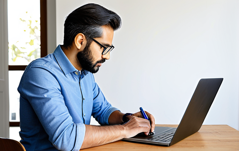 A professional photographer, appearing as a male, dressed in a modest, contemporary business-casual outfit, actively engaged in an online photography workshop on a laptop. The setting is a bright, minimalist home office with natural light illuminating the scene. A notebook and pen are neatly placed beside the laptop. The subject displays perfect anatomy, correct proportions, well-formed hands, and a natural, focused pose. fully clothed, appropriate attire, safe for work, professional, high quality, family-friendly content.