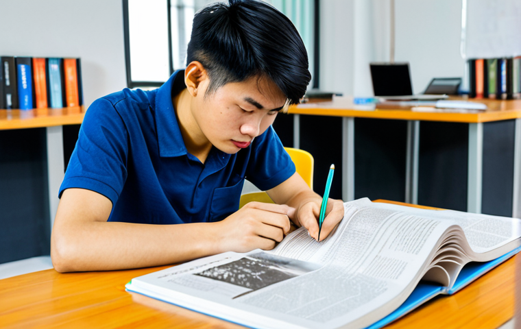 Studying Photography Theory**
"A young Vietnamese photography student, fully clothed in casual attire, studying a photography textbook at a desk with a cup of coffee. The background is a bright, modern co-working space in Ho Chi Minh City. Focus on the student's concentration and determination. Safe for work, appropriate content, modest, professional, perfect anatomy, well-formed hands, natural pose, high quality."
**